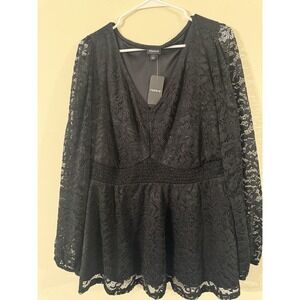 Torrid 1X Black Lace Stretch‎ V-Neck Lined Nylon Blend Blouse Top NEW (H7)
